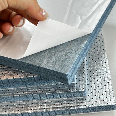 Halboffenzelliger Polyolefin-PO-Akustikschaum mit Aluminiumfolienschicht und selbstklebender Rückseite. Premium-Isolierplatten zur Geräuschreduzierung, feuerbeständig und einfach zu installieren für Lüftungssysteme